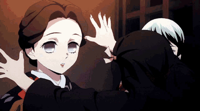 a girl with purple eyes is giving a high five