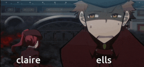 a man and a woman are standing next to each other with claire and ells written on the bottom
