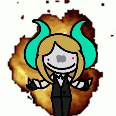 a cartoon character with horns is smiling in front of a fire explosion