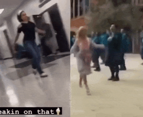 a woman is dancing in a hallway and a group of people are dancing in a hallway .
