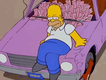 homer simpson sits on the hood of a pink car with a license plate that says simpson