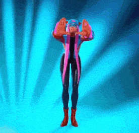 a cartoon character is standing on a blue background