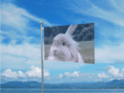 a flag with a picture of a rabbit on it is flying in the wind