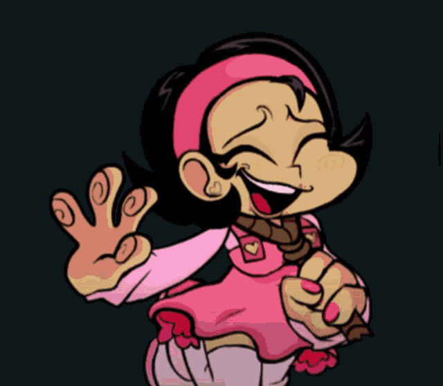 a cartoon girl in a pink dress is smiling and waving her hand