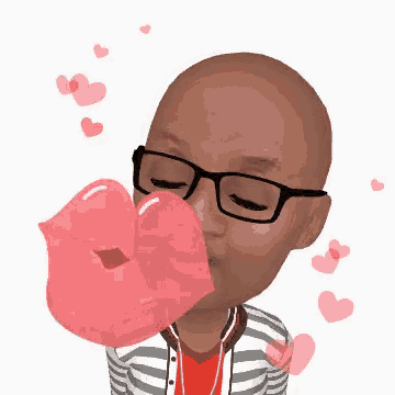 a man with glasses is blowing a kiss with hearts around him