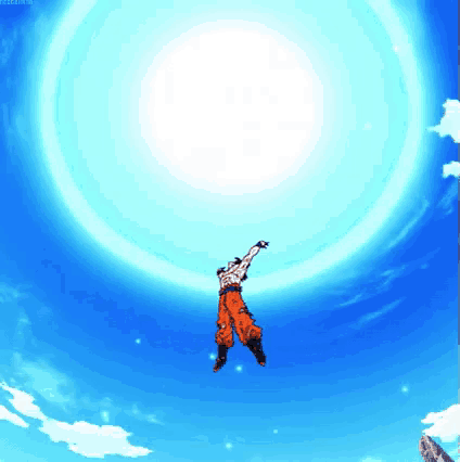a man in orange pants is flying through the air in front of a large blue sphere .