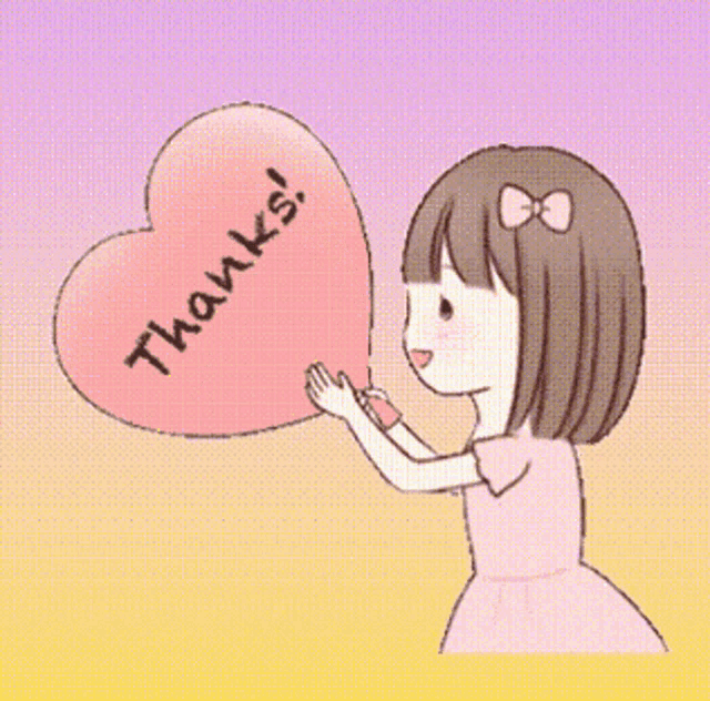 a girl in a pink dress is blowing a heart shaped speech bubble that says thanks