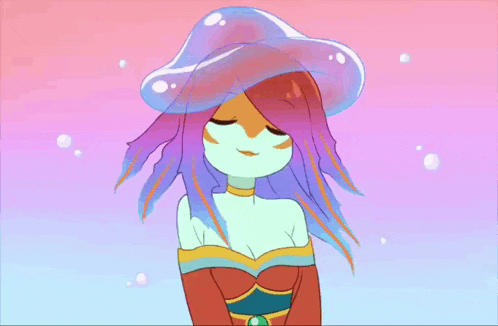 a cartoon drawing of a girl with a jellyfish hat