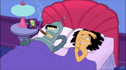 a cartoon of a robot smoking a cigar next to a woman in bed