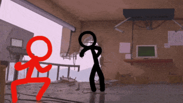 a red stick figure and a black stick figure are standing in a room