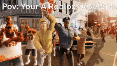 a group of people are dancing on a street with the words pov your a roblox developer