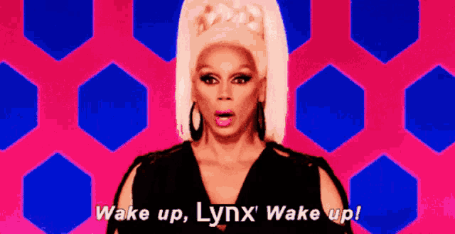 a woman says wake up lynx wake up on a pink and blue background