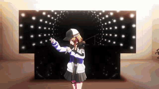 a girl in a baseball cap is standing in front of a large screen with a circle of lights behind her