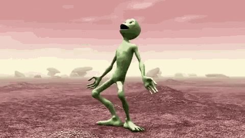 a cartoon green alien is dancing in the desert .