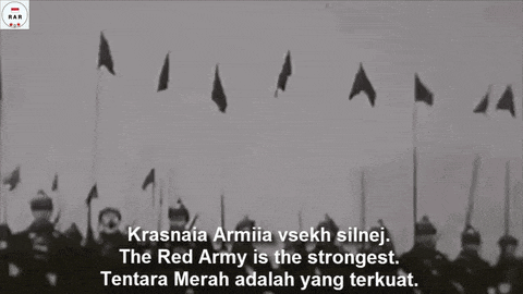 a black and white photo of a group of soldiers with a caption that says " the red army is the strongest "