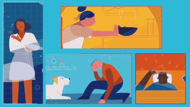 an illustration of a woman holding a bowl and a dog