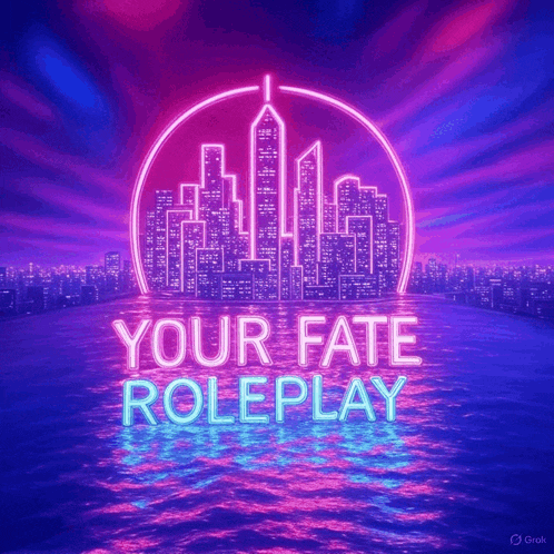 a neon sign says your fate roleplay with a city in the background