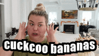 a woman is making a funny face in a living room with the words cuckcoo bananas above her
