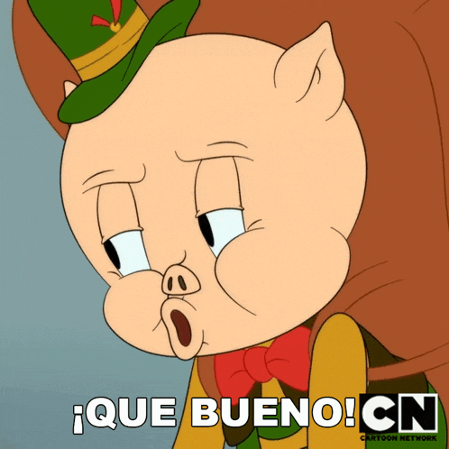 a cartoon of a pig with the words que bueno on the bottom right