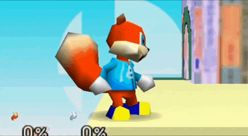 a cartoon squirrel in a blue shirt with the number 13 on it is standing on a yellow surface in a video game
