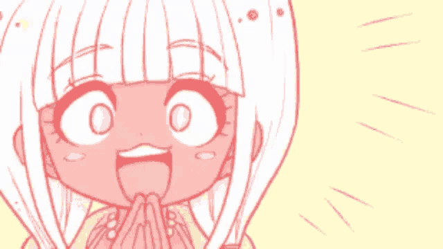 a drawing of a girl with white hair and red eyes is smiling .