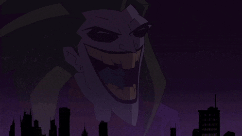 a cartoon of the joker laughing in front of a city skyline