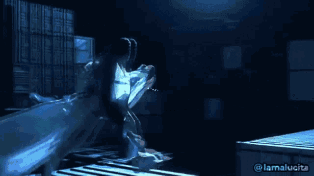a woman in a white dress is dancing in a dark room with a watermark that says @lamalucia