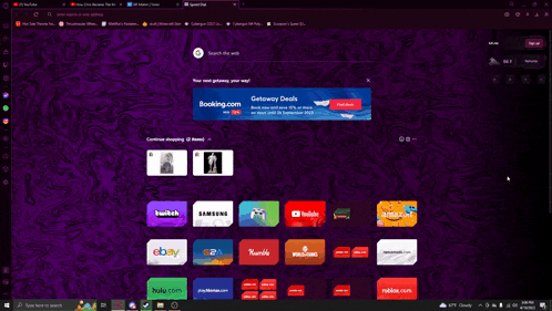 a computer screen with a purple background and a booking.com ad on it