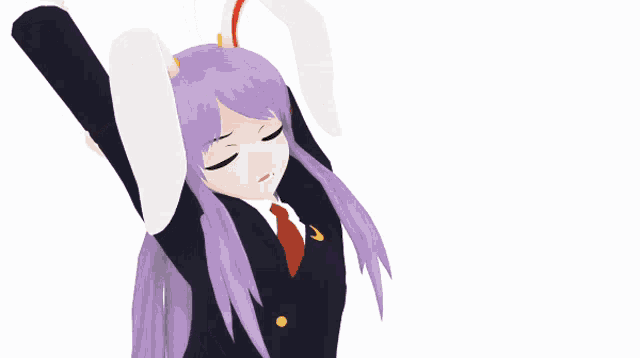 a cartoon character with purple hair and red eyes is holding a carrot in her mouth