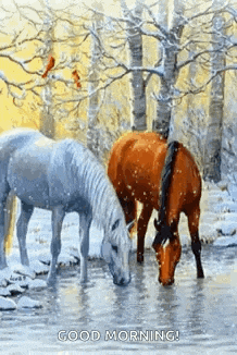 a painting of two horses drinking water from a stream in the snow .