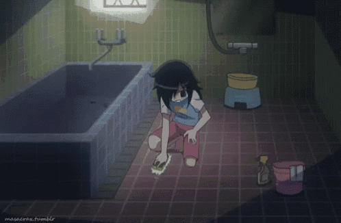 a cartoon drawing of a girl cleaning a bathroom floor with the name masacros.tumblr written on the bottom