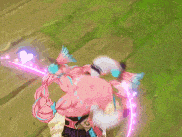a girl with pink hair is holding a sword