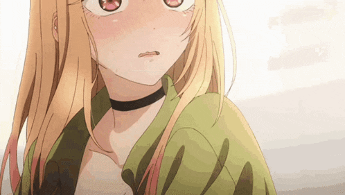 a girl with blonde hair and red eyes is wearing a choker