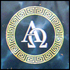 a greek key circle with the letter a and ω inside