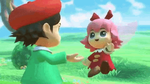 a boy and a girl are standing next to each other in a video game .