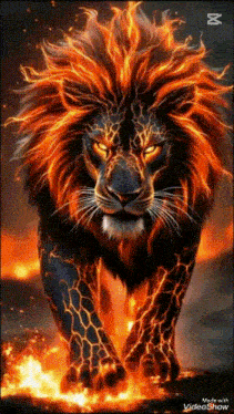 a lion with a fiery mane is standing in the middle of a fire filled field .