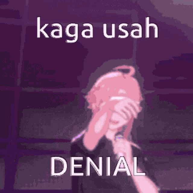 a pixel art of a girl singing into a microphone with the words " kaga usah denial " above her