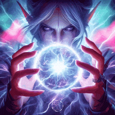 a painting of a woman holding a glowing sphere in her hands