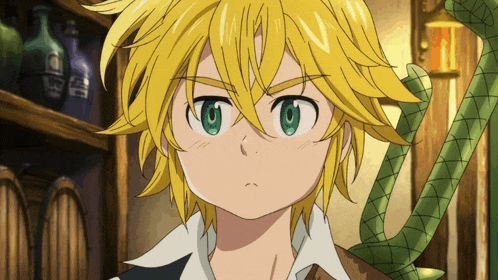 a boy with blonde hair and green eyes is looking at something