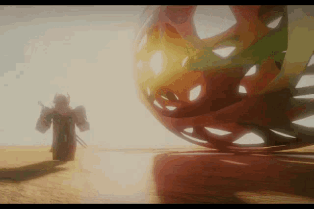 a person in a video game is standing in front of a large ball