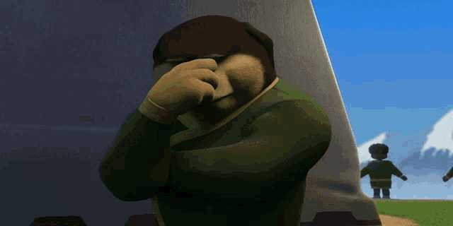 a cartoon character covering his face with his hand in front of a tent