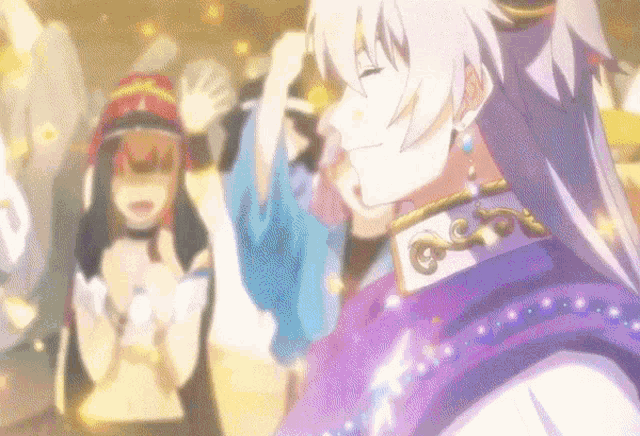 a group of anime characters are dancing and one of them is wearing a purple and white outfit