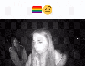 a black and white photo of a girl with a rainbow emoji