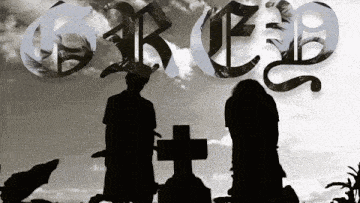 a black and white photo of two people standing in front of a cemetery with the word greep written above them