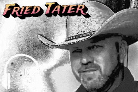 a man wearing a cowboy hat with the name fried tater on the bottom