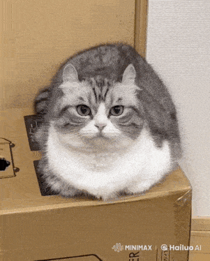 a cat is sitting on top of a cardboard box that says ' hailuo ai ' on it