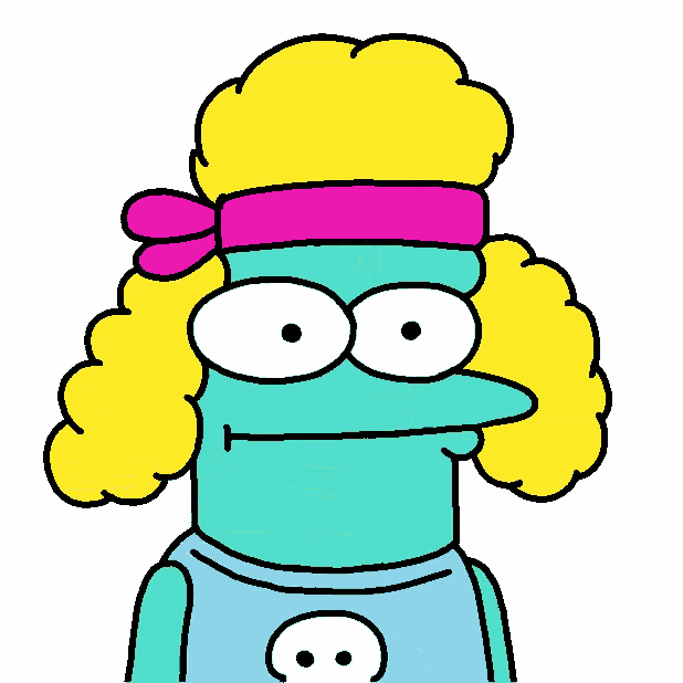 a cartoon character wearing a pink headband and a blue shirt with the number 8 on it