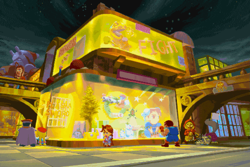 a cartoon drawing of a building with a sign that says fight