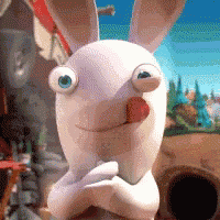 a cartoon rabbit with big blue eyes and a red tongue