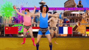 a group of men are dancing in front of a sign that says ninja brian look fat which best